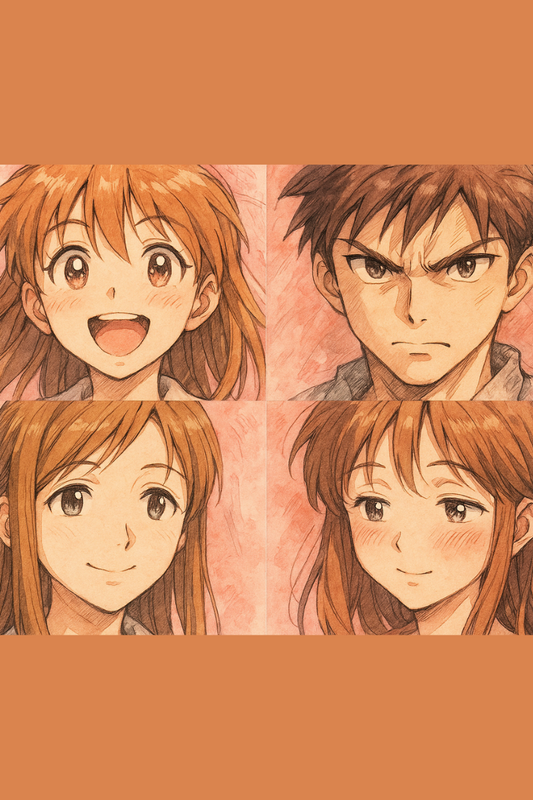 Close-up of anime character faces showing different emotions with traditional art techniques