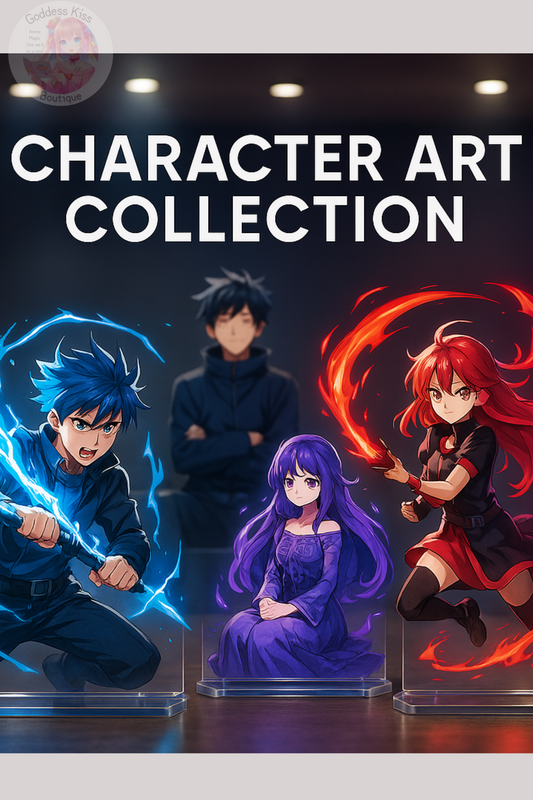Premium anime character art displays in acrylic stands showing collectible dual-pose prints