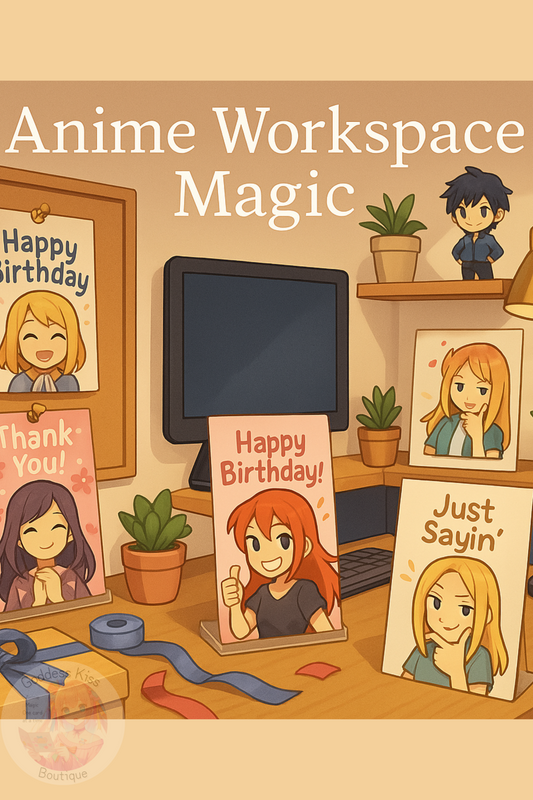 Modern workspace decorated with anime greeting cards displayed on stands, boards, and shelves creating an inspiring environment