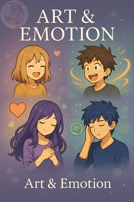 Diverse anime characters displaying different emotions with psychological symbols showing the connection between anime art and human feelings