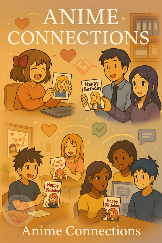 Diverse groups of friends exchanging anime greeting cards showing community connections and relationship building through shared interests