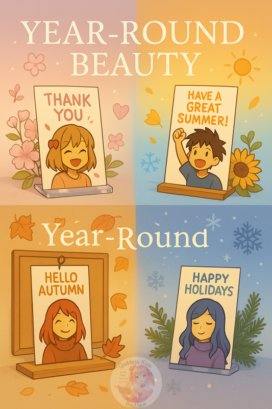 Imge of original anime characters on cards representing year round beauty.