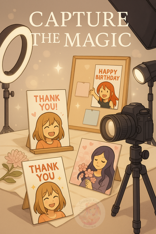 Professional photography setup showing anime greeting cards being photographed with proper lighting and styling for social media content