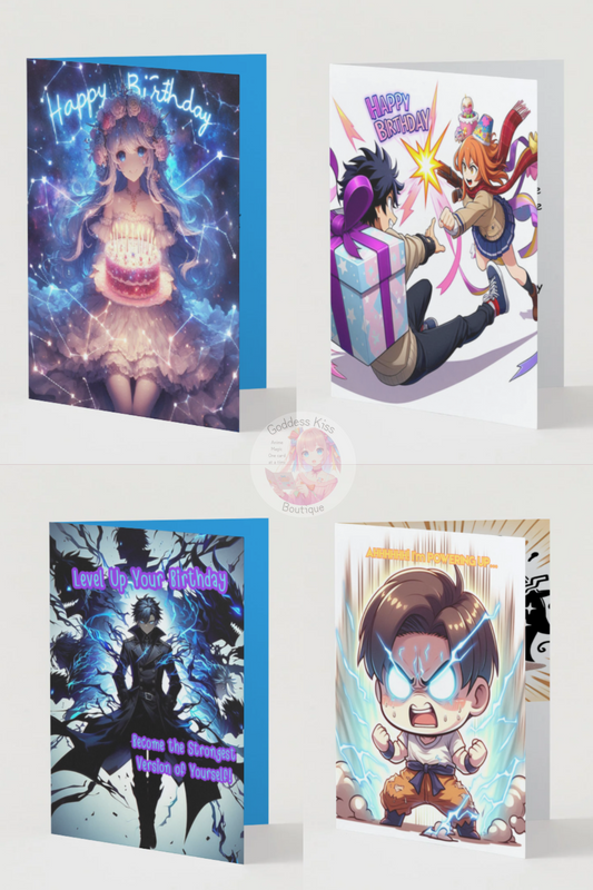 Four different anime birthday card styles showcasing kawaii, traditional, shonen, and elegant designs