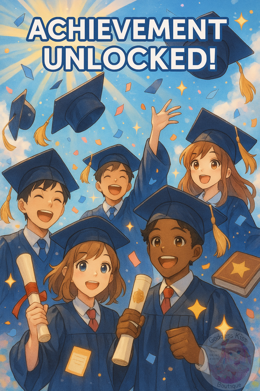 Anime characters celebrating graduation with caps thrown in air, confetti, and achievement symbols