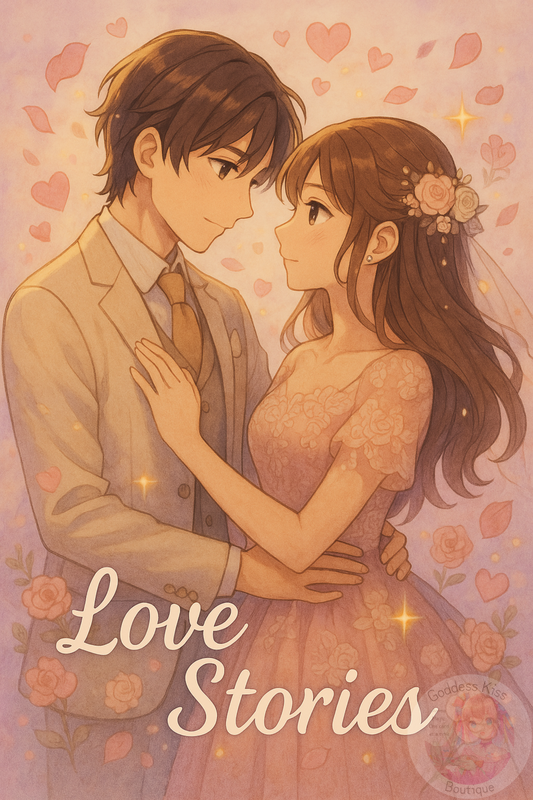 Romantic anime couple sharing intimate moment surrounded by cherry blossoms and anniversary symbols in soft pink and gold tones