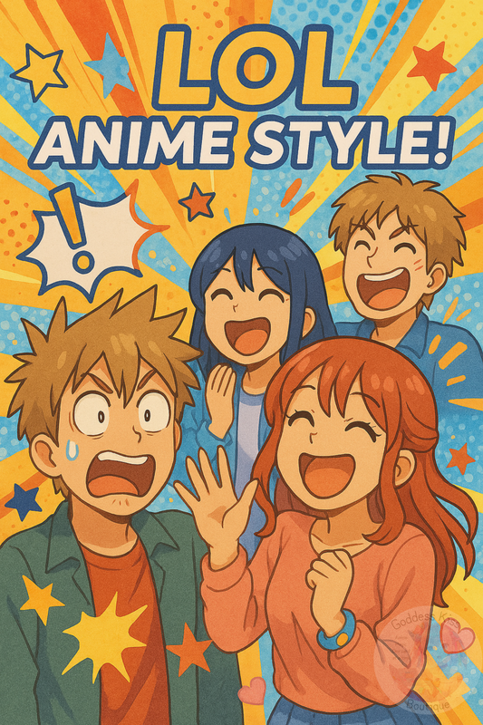 Anime characters in comedic poses with exaggerated expressions, speech bubbles, and humor elements
