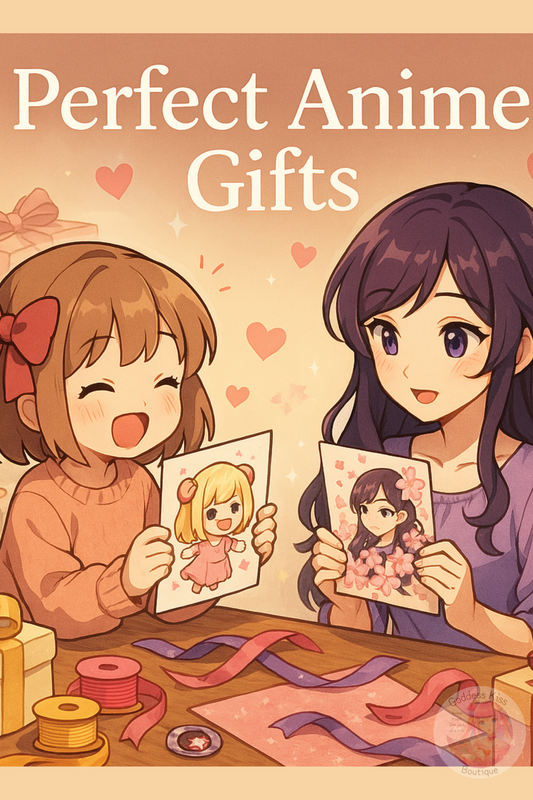 Anime characters exchanging beautifully wrapped greeting cards in a warm gift-giving scene