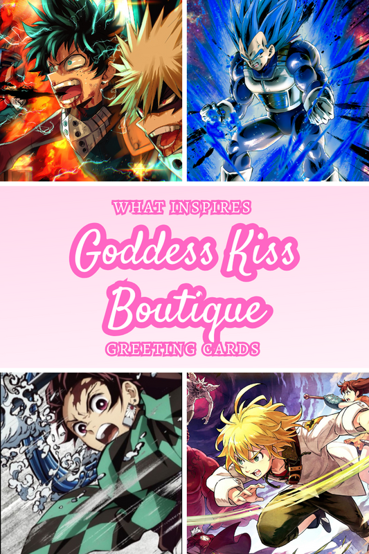 Collage of anime series inspirations including My Hero Academia, Dragon Ball Z, and Demon Slayer with greeting card designs