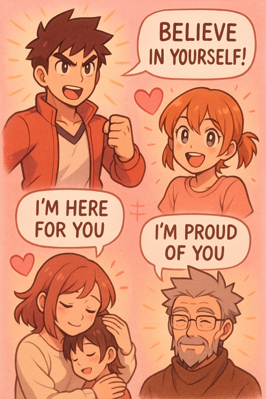 Anime characters displaying different psychological archetypes with emotional messages in speech bubbles