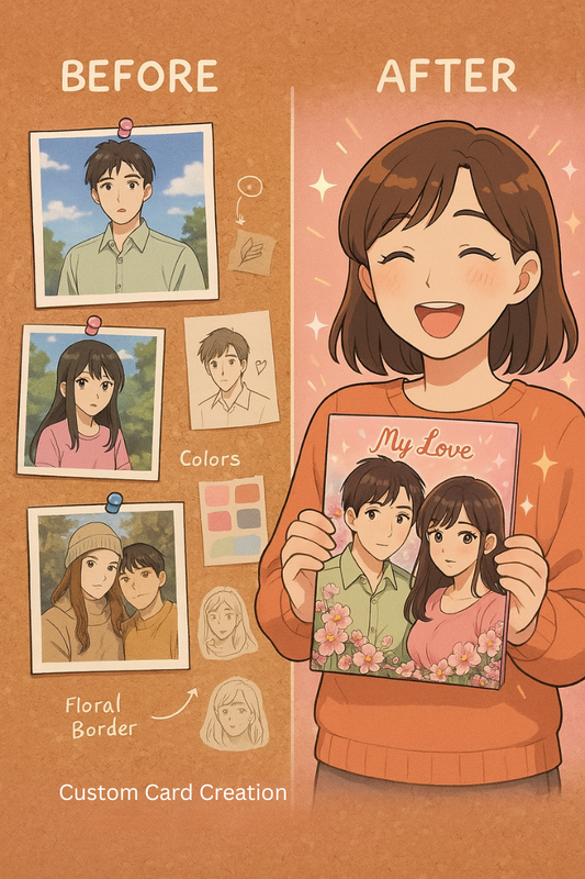 Before and after showing transformation from reference images to custom anime greeting card