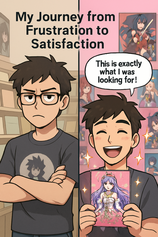 Anime fan transformation from frustrated with generic cards to delighted with Goddess Kiss Boutique anime cards