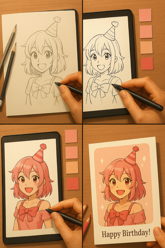 Step-by-step anime greeting card creation process from sketch to finished product