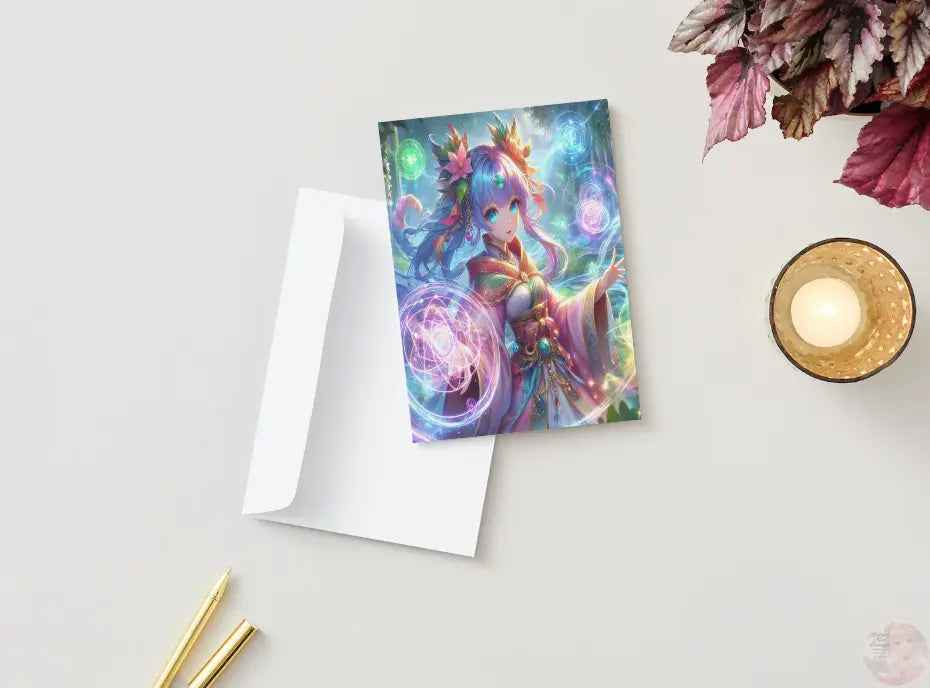 Magical Anime Birthday Card - Spellbound Sorceress Design - Enchanted Blue Celebration Card