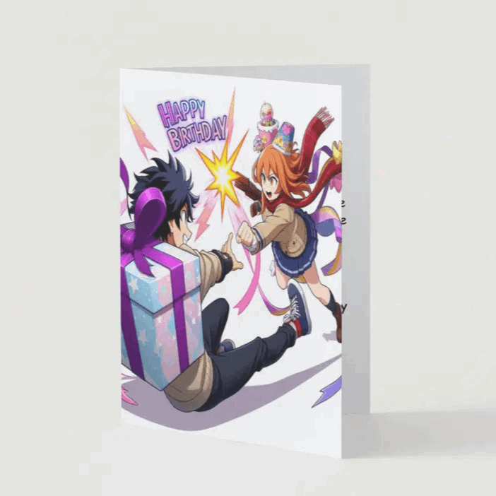 Anime characters dueling over the best birthday surprises on a Greeting Card for someone's birthday
