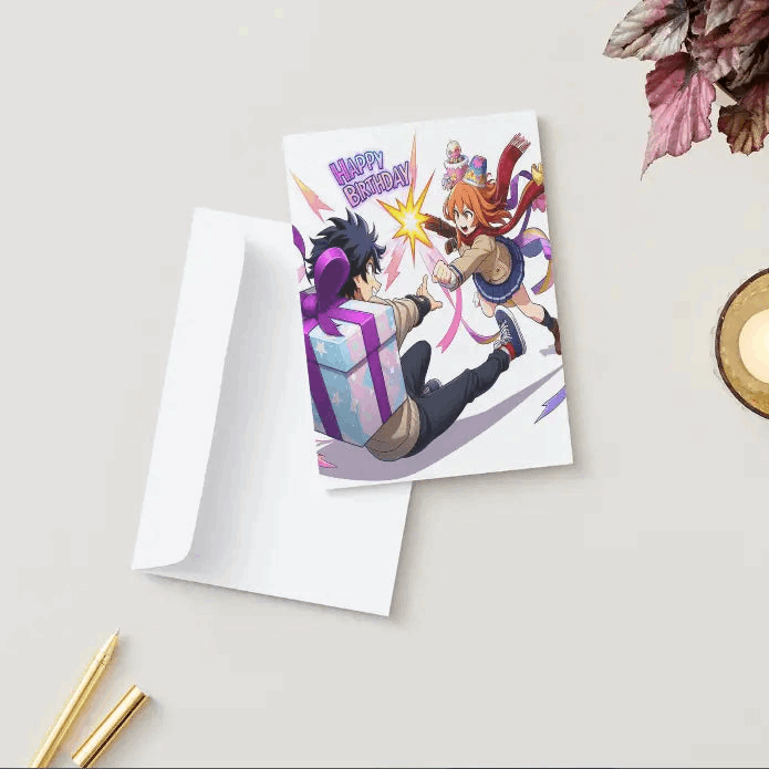 Anime characters dueling over the best birthday surprises on a Greeting Card for someone's birthday. Card with envelope.