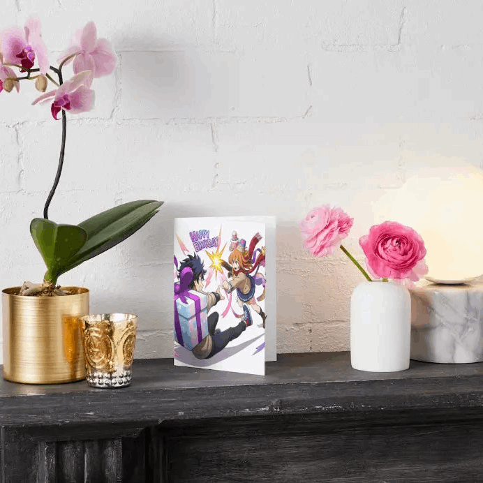 Anime characters dueling over the best birthday surprises on a Greeting Card for someone's birthday. Card sitting on a mantal.