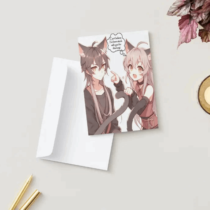 Illustration of an anime-style couple with cat ears, playfully swatting at each other's tails while exchanging mischievous and affectionate glances.