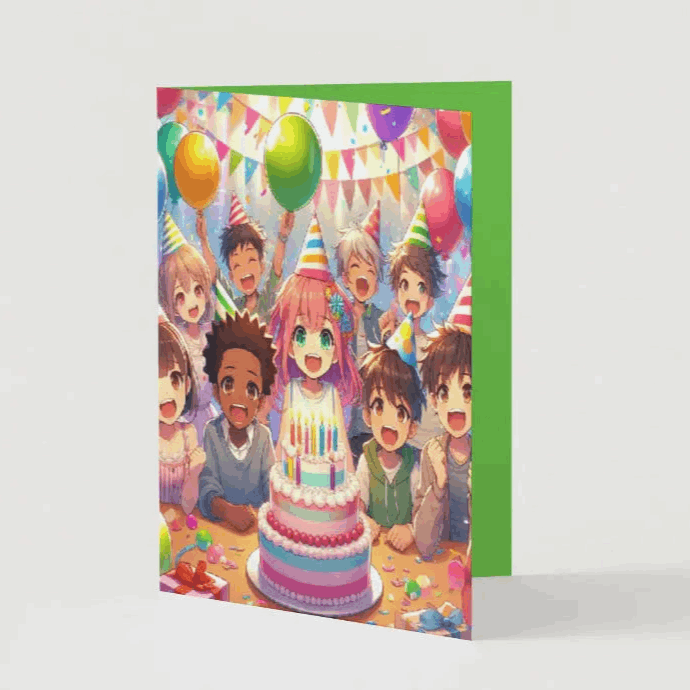 Anime Birthday Card- Green w/cake and party hats Goddess Kiss Boutique