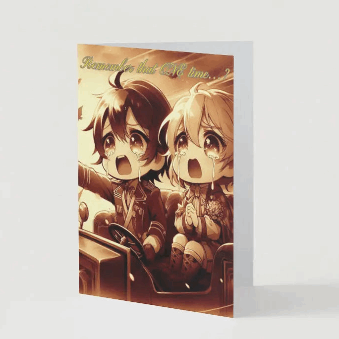 An anime-inspired friendship card featuring nostalgic humor. The text reminisces about shared memories and jokes about turning them into an anime flashback or binge-watching their lives together. A sepia-toned illustration shows two friends excitedly watching TV. The card is displayed on a white surface with a gold pen, pencil, and purple-leafed plant nearby.
