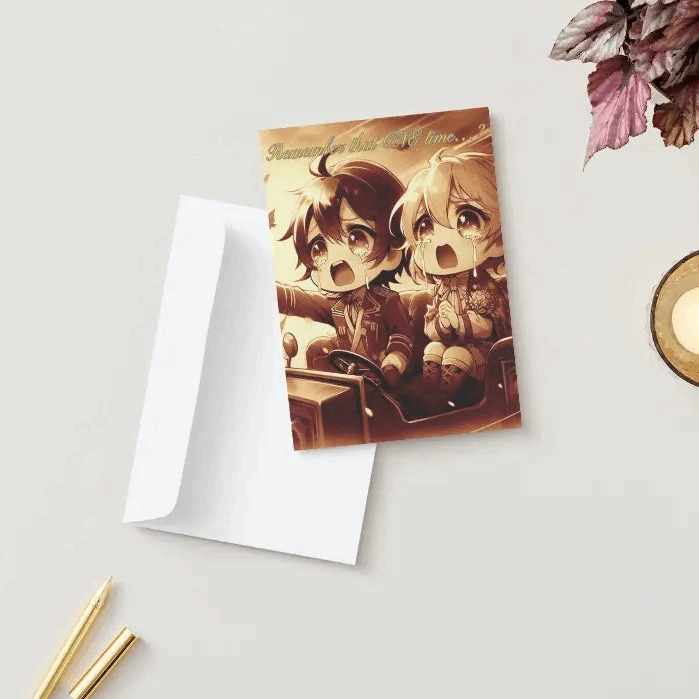 An anime-inspired friendship card featuring nostalgic humor. The text reminisces about shared memories and jokes about turning them into an anime flashback or binge-watching their lives together. A sepia-toned illustration shows two friends excitedly watching TV. The card is displayed on a white surface with a gold pen, pencil, and purple-leafed plant nearby.