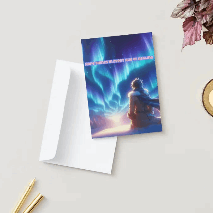 Anime-style illustration of a breathtaking aurora with vibrant ribbons of light dancing across the night sky, illuminating a snow-covered landscape and a figure gazing upward, symbolizing healing and hope.