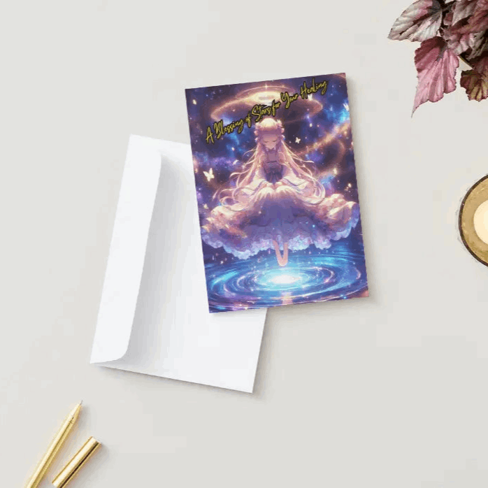 Anime-style illustration of a celestial figure floating above a glowing pool of cosmic energy, sprinkling stardust that brings healing, radiating warmth and serenity.