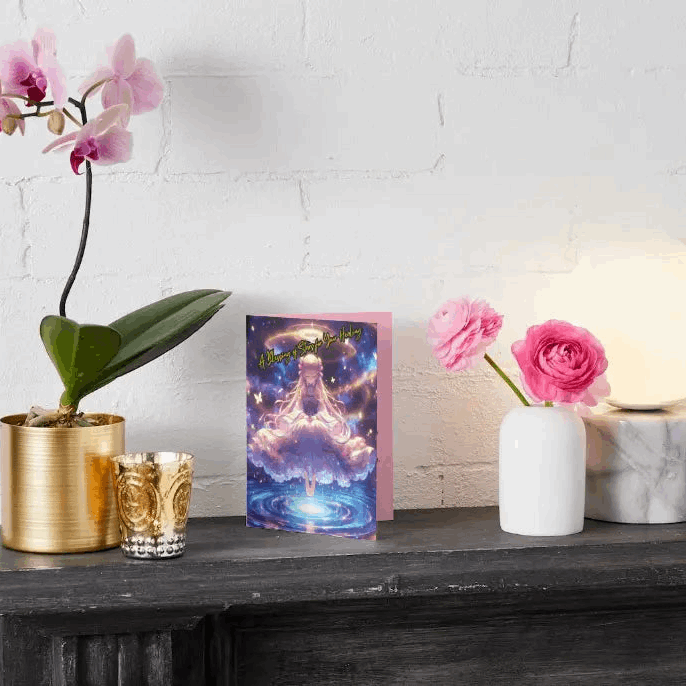 Anime-style illustration of a celestial figure floating above a glowing pool of cosmic energy, sprinkling stardust that brings healing, radiating warmth and serenity.