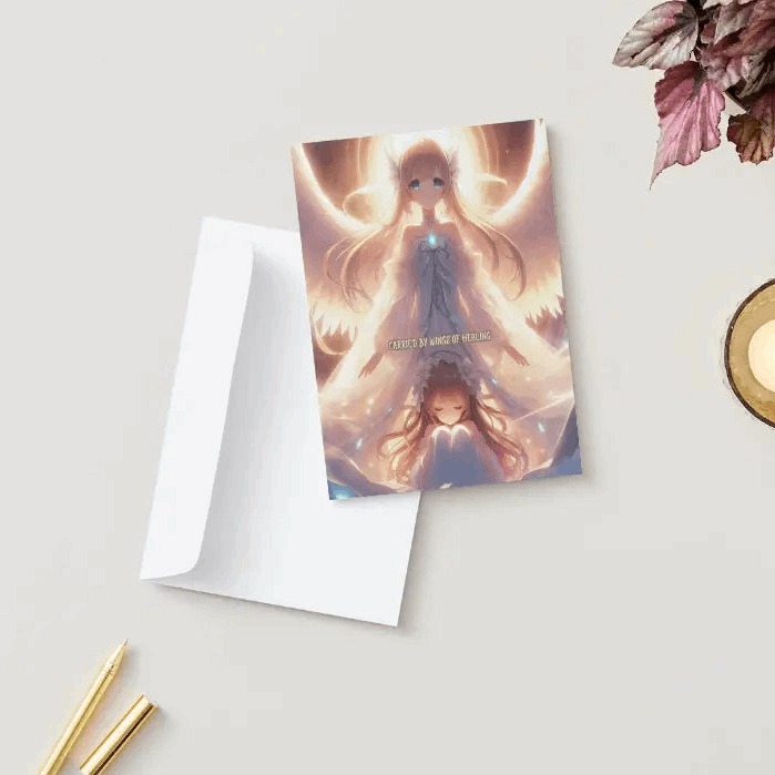 Anime-style illustration of a radiant guardian angel with glowing celestial wings, hovering softly above a figure wrapped in gentle light, symbolizing comfort, renewal, and healing.