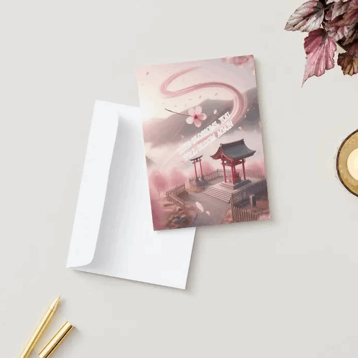 Anime-style illustration of a drifting sakura petal caught in a breeze, spiraling toward a peaceful shrine, symbolizing renewal, healing, and gentle encouragement.