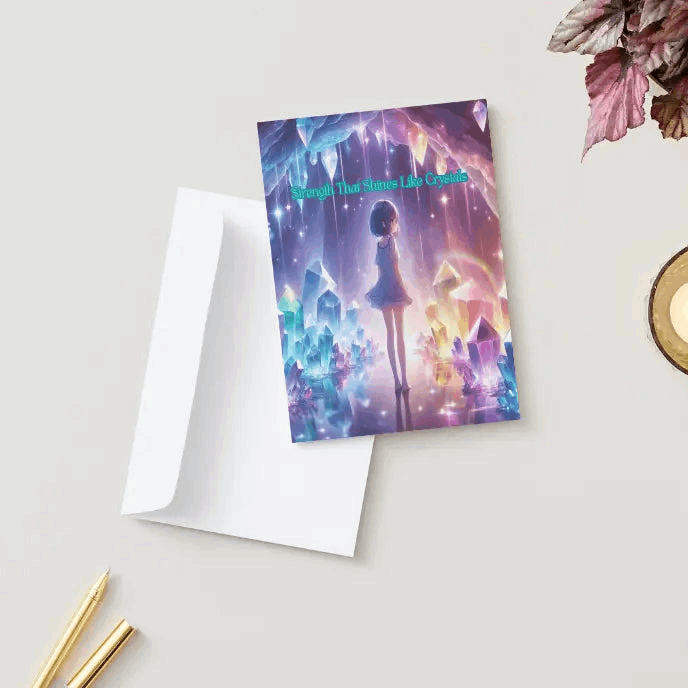 Anime-style illustration of a serene crystal cave glowing softly with multi-colored lights, symbolizing strength, calm, and resilience amidst challenges.