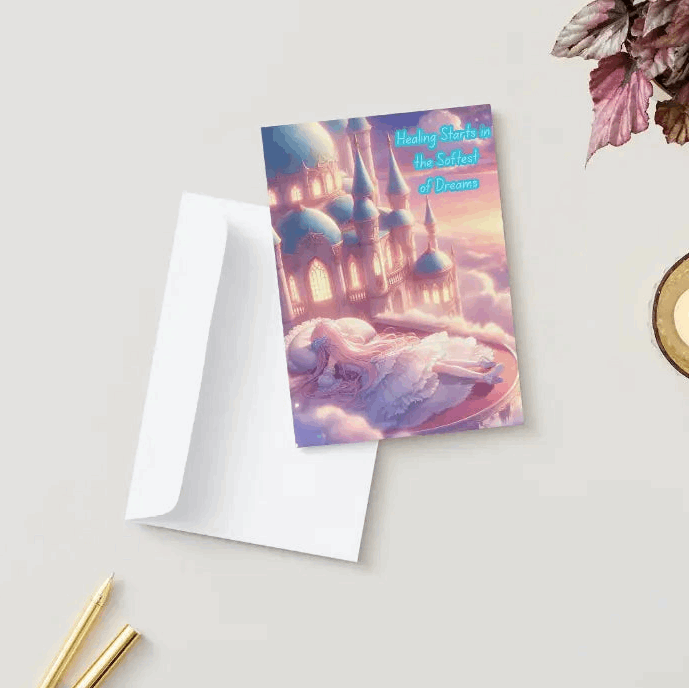 Anime-style illustration of a floating palace above a bed of clouds, bathed in soft dream-like hues, symbolizing peace, renewal, and the quiet embrace of healing.