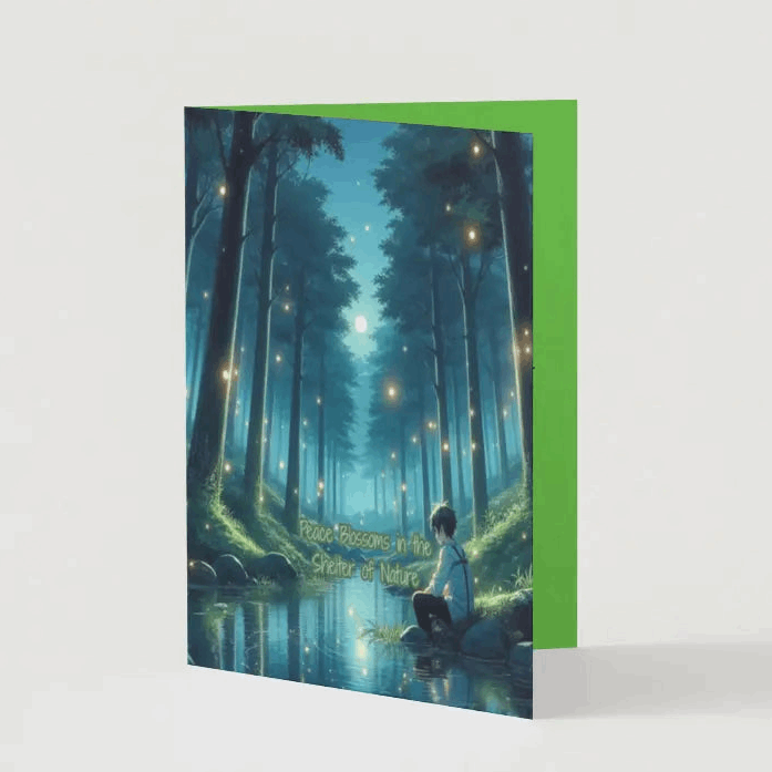 Anime-style illustration of a peaceful forest with glowing fireflies, tall trees forming a protective canopy, and a tranquil stream reflecting soft moonlight, symbolizing peace, healing, and renewal.