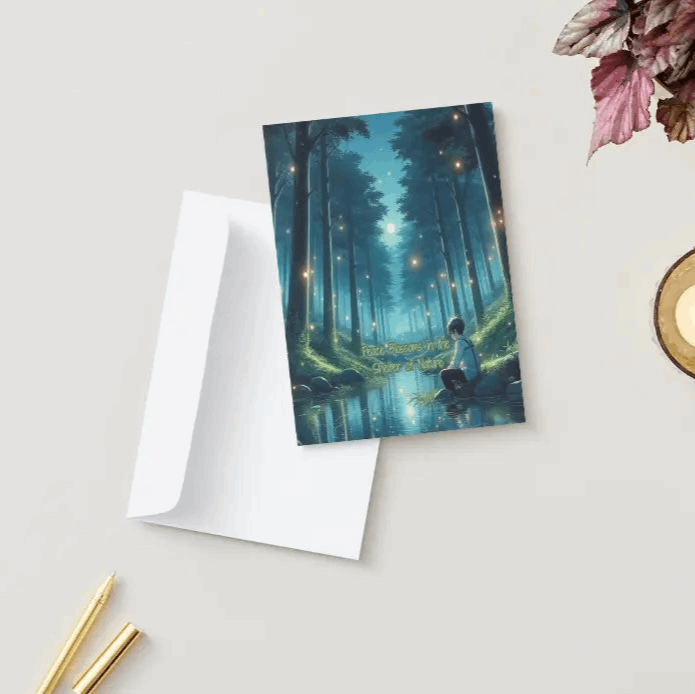 Anime-style illustration of a peaceful forest with glowing fireflies, tall trees forming a protective canopy, and a tranquil stream reflecting soft moonlight, symbolizing peace, healing, and renewal.