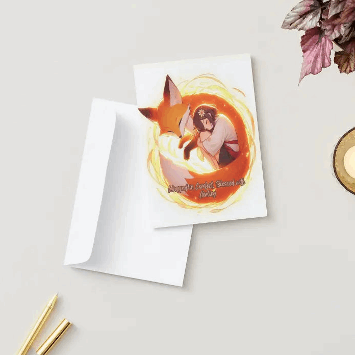 Anime-style illustration of a gentle fox spirit curled beside a resting figure, surrounded by a warm glow that symbolizes a protective aura of healing.