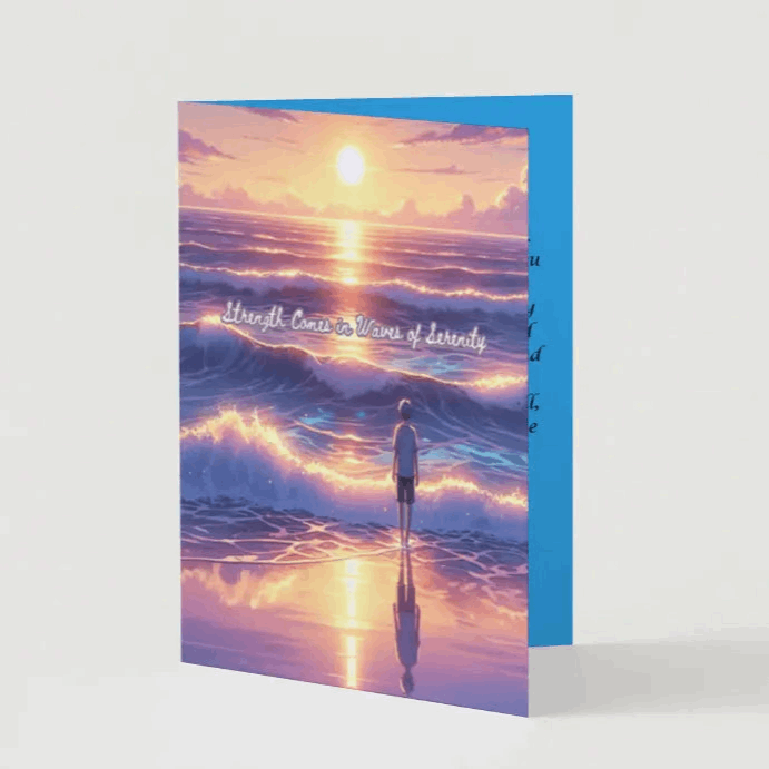 Anime-style illustration of a tranquil ocean scene with gentle waves illuminated by the glow of a setting sun, reflecting shades of gold and lavender, symbolizing strength, calm, and renewal.
