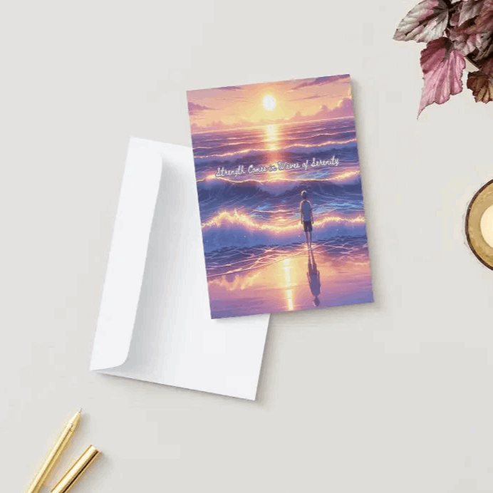 Anime-style illustration of a tranquil ocean scene with gentle waves illuminated by the glow of a setting sun, reflecting shades of gold and lavender, symbolizing strength, calm, and renewal.