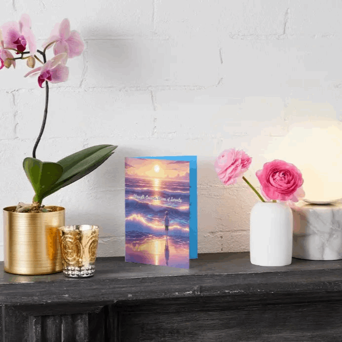 Anime-style illustration of a tranquil ocean scene with gentle waves illuminated by the glow of a setting sun, reflecting shades of gold and lavender, symbolizing strength, calm, and renewal.
