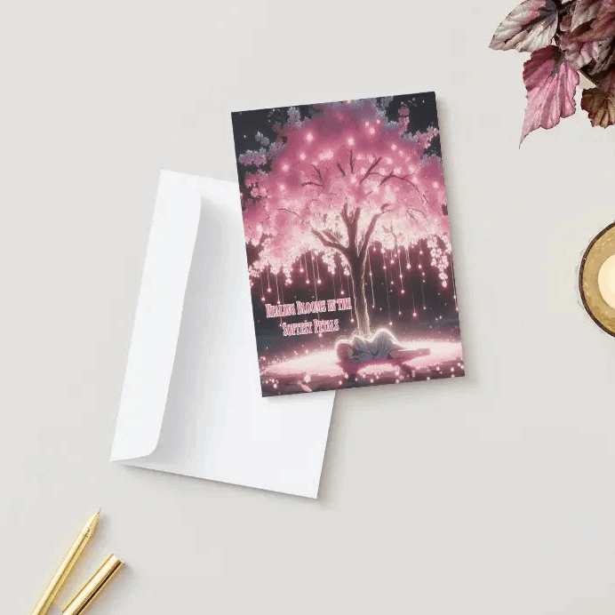 Anime-style illustration of a delicate Sakura tree with glowing pink blossoms, softly falling to the ground, forming a path of light toward a peaceful resting figure, symbolizing healing and renewal.