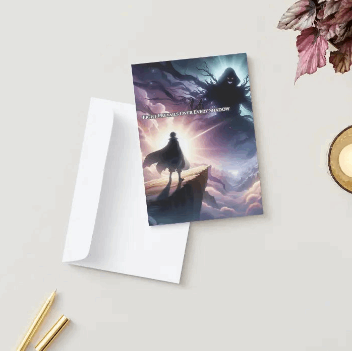 Anime-style illustration of a shadowy villain standing atop a cliff, radiating dark energy, facing a hero bathed in radiant light, symbolizing courage, resilience, and the triumph of healing over adversity.