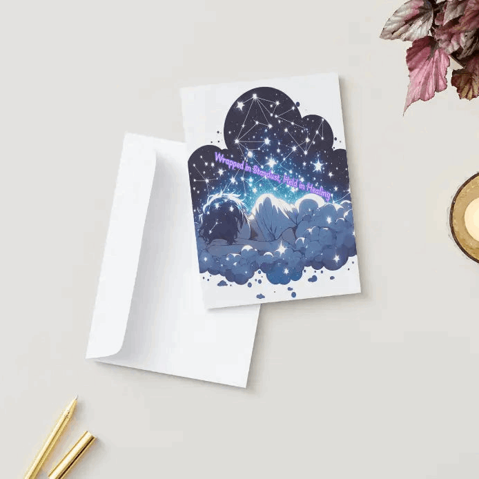 Anime-style illustration of a glowing stardust cloud wrapping around a peacefully resting figure, under a sky filled with shimmering constellations, symbolizing comfort, renewal, and healing.