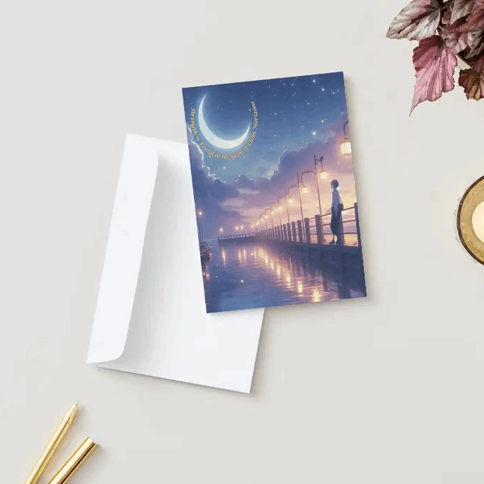 Anime-style illustration of a dreamy harbor at twilight, with twinkling stars and a crescent moon illuminating calm waters, and an anime figure gazing at the peaceful horizon, symbolizing healing and calm.