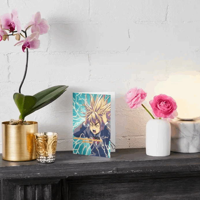 A colorful anime humor greeting card featuring a frustrated Gekiga-style character struggling to tame their wildly spiky anime hair, paired with a bold and comedic message.