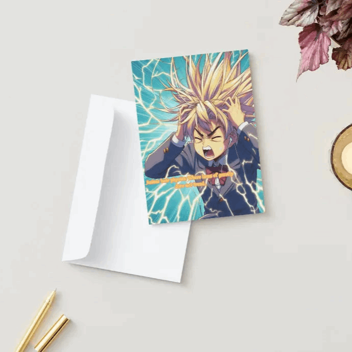 A colorful anime humor greeting card featuring a frustrated Gekiga-style character struggling to tame their wildly spiky anime hair, paired with a bold and comedic message.
