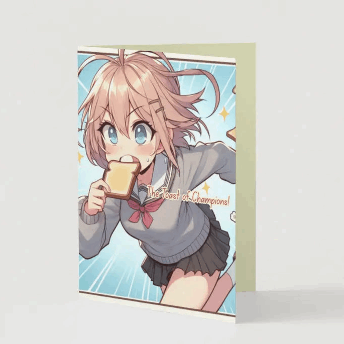 An anime character runs frantically, gripping a bite of toast between their teeth, embodying the classic anime morning rush. A fun and relatable Anime Humor Card for those who live life at full speed!