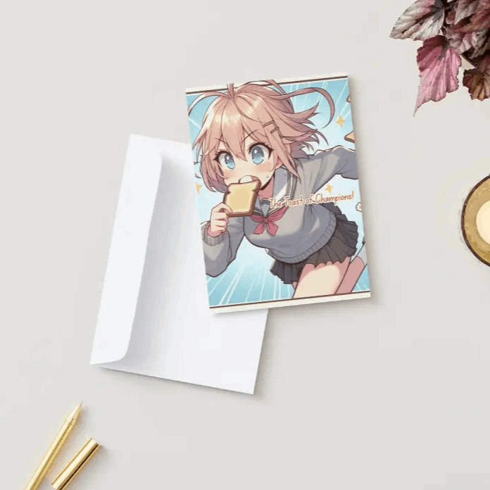 An anime character runs frantically, gripping a bite of toast between their teeth, embodying the classic anime morning rush. A fun and relatable Anime Humor Card for those who live life at full speed!