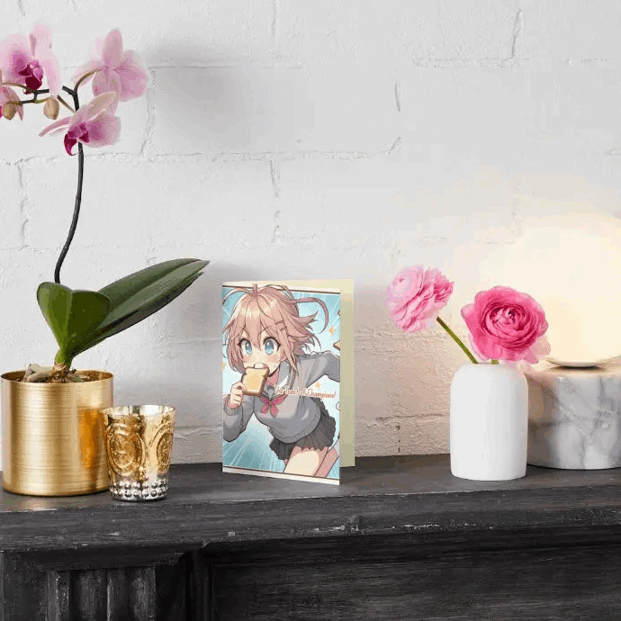 An anime character runs frantically, gripping a bite of toast between their teeth, embodying the classic anime morning rush. A fun and relatable Anime Humor Card for those who live life at full speed!