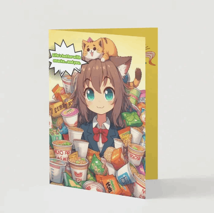 A cat-eared anime character surrounded by a mountain of ramen bowls and snacks, looking gleefully obsessed, featured on an Anime Humor Card celebrating foodie friendship.