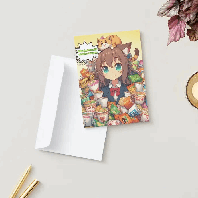 A cat-eared anime character surrounded by a mountain of ramen bowls and snacks, looking gleefully obsessed, featured on an Anime Humor Card celebrating foodie friendship.