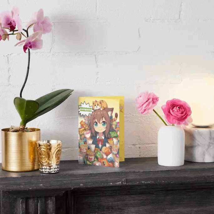 A cat-eared anime character surrounded by a mountain of ramen bowls and snacks, looking gleefully obsessed, featured on an Anime Humor Card celebrating foodie friendship.